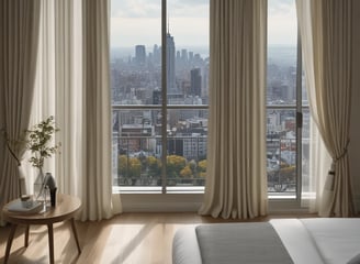 A curtain with an intricate vine-like pattern in muted shades hanging partly open, letting in a soft, ambient light. The room is mostly dark, and the light casts gentle shadows, highlighting the ornamental design on the curtain.