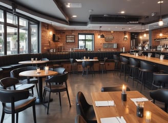 A modern restaurant interior with several people dining at tables. The ceiling is dark textured, and the lighting gives a warm and cozy ambiance. The seating consists of upholstered chairs and wooden tables. The decor includes wooden elements and indoor plants. There are large windows along one side, allowing natural light to enter during the day.