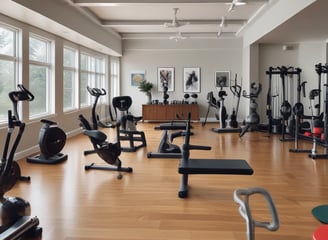 A well-lit home gym with wooden floors and beige walls is equipped with various exercise machines, including a bench press, stationary bike, and multi-gym station. A beige sofa is placed against one wall near an air conditioning unit and a small window.