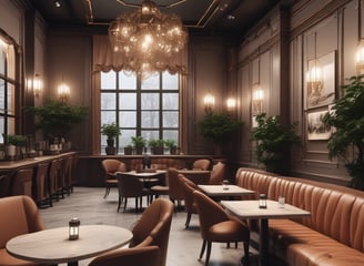 An interior space appears to be under renovation, featuring a large, decorative marble wall with an intricate pattern. Scaffolding, tools, and materials are scattered throughout the room, including a cart, power tools, and a table. The room is lit by natural light coming through large windows, adding to the sense of openness.