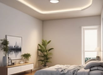 A smart display device sits on a white kitchen counter against a backdrop of white tiled walls. The screen displays various interactive options such as Find food recipes, Play videos, Manage photos, and Check news, each represented by images.
