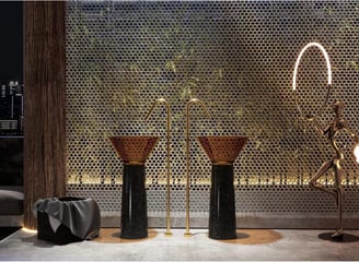 a room with a lamp and a lamp on a table