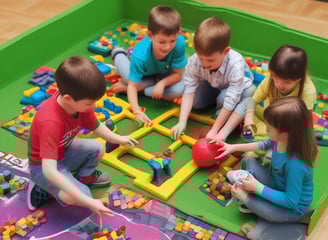 A large indoor playground with a giant figure resembling a child wearing a backpack, standing next to a large, twisting slide. The room has yellow walls with blue window graphics and a clock, and there are people using an escalator on the right. Additionally, there are toys and play structures on the green floor.