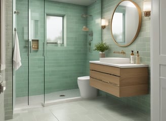 bathroom wall with unfinished surfaces. One section features blue and white geometric tiles, while another section showcases large, grey tiles held in place by orange spacers. There is a window to the left providing natural light.
