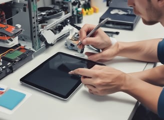 Two hands are exchanging a smartphone over a glass counter. The screen of the phone is cracked, indicating possible damage or need for repair. One person is wearing a brown shirt, and the counter displays other phones and electronic devices.