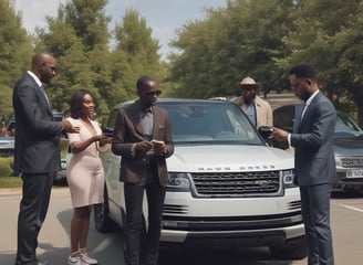 A congested urban street with various delivery trucks and a yellow taxi in separate lanes. Large vehicles, including Penske and U-Haul trucks, dominate the scene, surrounded by tall buildings. Pedestrians are visible on the sidewalks, adding to the bustling city atmosphere.