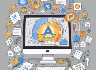 A black and white image of a laptop on a desk displaying a design software with a simple line illustration. There are two monitors in the background and a keyboard on the desk. Papers with printed text are partially visible in the foreground.