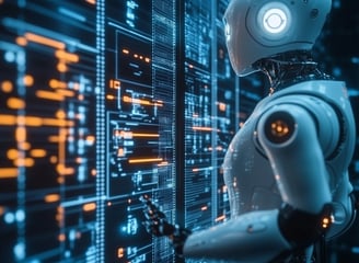 Robô analisando dados em telas digitais, representando inteligência artificial e automação.
