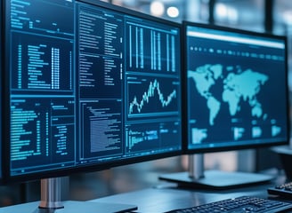 Telas com gráficos e mapas, representando análise de dados, monitoramento e visualização global.