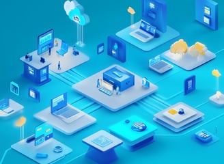 Ilustração de rede digital com dispositivos conectados, representando computação em nuvem.