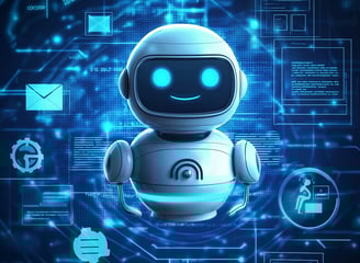Robô digital sorridente, simbolizando inteligência artificial, chatbot e assistência virtual.