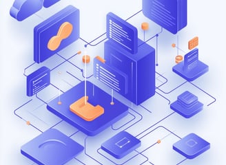 Ilustração de rede digital com blocos e dados conectados, simbolizando tecnologia e infraestrutura.