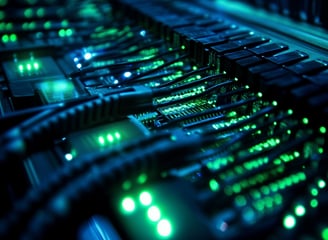 Close-up de servidores com cabos e luzes verdes, representando data center e infraestrutura digital.