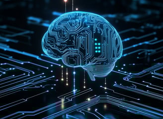 Cérebro digital em circuito, representando inteligência artificial e avanços em tecnologia digital.