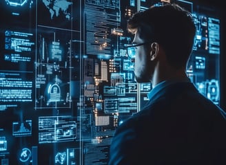 Profissional de cibersegurança analisa dados em telas digitais, simbolizando proteção de dados.
