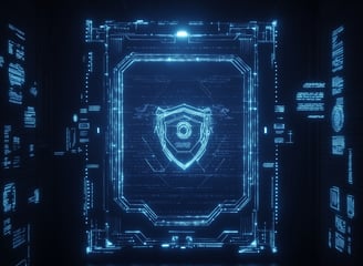 Escudo digital em tela de dados, representando segurança cibernética e proteção de informações.