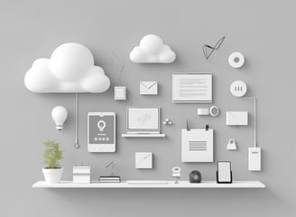 Ilustração minimalista de nuvem e dispositivos conectados, simbolizando computação em nuvem.