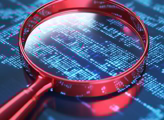 Lupa sobre dados digitais, representando análise de informações, segurança e investigação online.