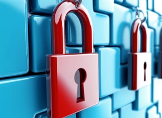 Cadeados vermelhos em fundo azul, simbolizando segurança e proteção de dados digitais.