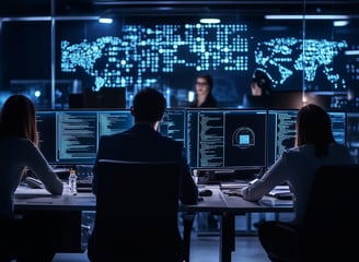 Equipe de segurança cibernética monitora dados em telas, simbolizando proteção e análise digital.