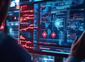 Tela de monitoramento cibernético com alertas, representando segurança digital e análise de dados.