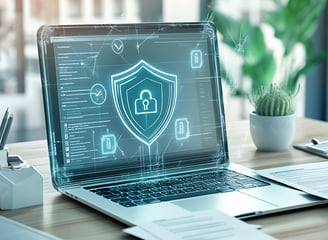 Laptop com escudo digital, simbolizando segurança da informação e conformidade com normas.