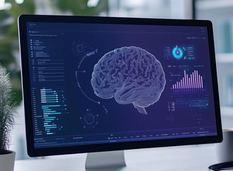 Tela com imagem de cérebro digital, representando inteligência artificial e análise de dados.