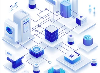 Ilustração de rede de dados e servidores, representando armazenamento em nuvem e tecnologia digital.