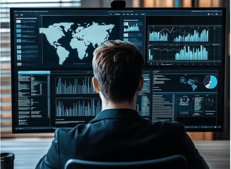 Profissional analisando gráficos e mapas em tela grande, representando análise de dados globais.