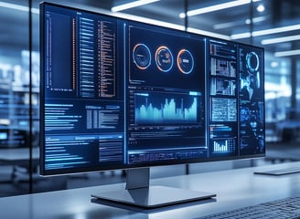 Tela com gráficos e dados em interface digital, representando análise e monitoramento de sistemas.
