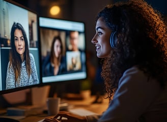 Mulher em videoconferência com fones, representando treinamento remoto e colaboração online.