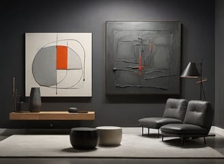 Sala de estar com uma iluminação destacando as cores e texturas de uma obra de art moderna na parede