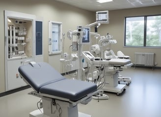 A person wearing a white lab coat and blue gloves is working in a laboratory setting surrounded by various lab equipment. Brightly colored storage boxes in red, yellow, blue, and purple are stacked on shelves. The individual is handling test tubes and operating a piece of laboratory machinery.