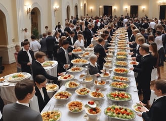 a large group of people standing around a long table