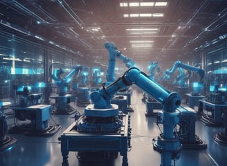 Fábrica futurista con robots automatizados trabajando en procesos industriales - Representación de i