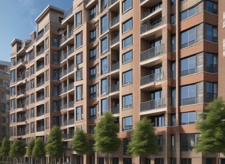 A modern multi-story building with numerous windows, featuring a central entrance labeled 'Leasing Office'. A pathway leads up to the entrance, bordered by manicured plants and palm trees. A zebra crossing stretches across the asphalt road in front of the building.