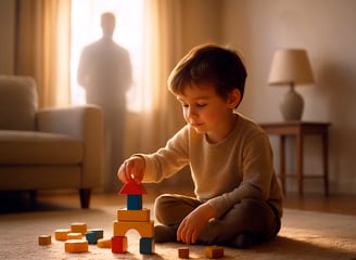 Niño jugando con bloques en una sala iluminada por luz cálida, con la sombra de un adulto al fondo.