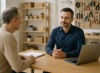 Dos personas conversan en un entorno profesional y acogedor, con herramientas de trabajo al fondo.