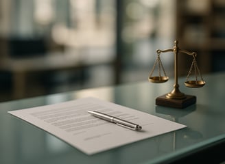 Documento legal con bolígrafo sobre una mesa de cristal junto a una balanza dorada.