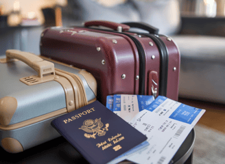 Maletas, pasaporte y billetes listos para un viaje.