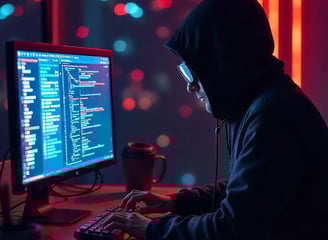 Persona programando en un entorno oscuro y tecnológico, transmitiendo ciberseguridad o confidencial.