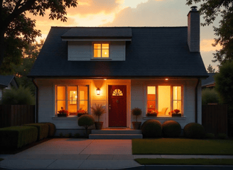 Casa familiar iluminada al anochecer, con jardín cuidado y ambiente cálido y acogedor.