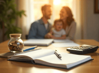 Planificación familiar, con elementos de ahorro y una familia al fondo que transmite bienestar.