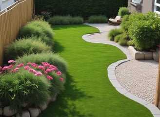 A meticulously landscaped garden featuring carefully trimmed trees with lush, rounded canopies. Large ornamental rocks are strategically placed throughout the garden, which is enclosed by a low stone fence. The setting is sunlit, casting soft shadows on the neatly paved ground.