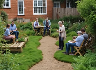 A lush garden landscape featuring a variety of greenery including shrubs and hostas, surrounded by tall pine trees. The ground is covered with well-maintained grass, and the garden is organized with neat edges and diverse plant species.