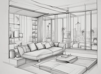 a drawing of a living room with a couch and a coffee table