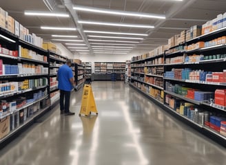 A person wearing bright orange work clothes is cleaning indoors, holding a mop. They have a fanny pack and are walking toward a tiled wall.