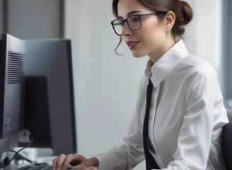 A black and white image featuring a security guard standing on a paved area of a modern building. The guard is wearing a uniform, including a shirt with shoulder insignia, a badge, a cap, and a mask. Architectural elements of the building are visible in the background, with tall geometric walls and an open passageway.