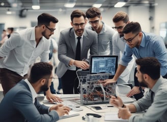 A presentation takes place in a modern conference room with a group of professionals seated, and two presenters standing near a projected screen. The screen displays a web page with the McAfee Security Scan Plus showing. The atmosphere is formal and focused, as attendees appear to be discussing or reviewing the content.