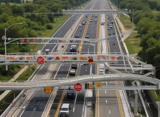 Several workers are engaged in construction or repair work along a roadside. They are using various tools and materials, such as buckets and spades. The environment includes a rural road with palm trees and traditional thatched-roof buildings, including a sign for a cafe.